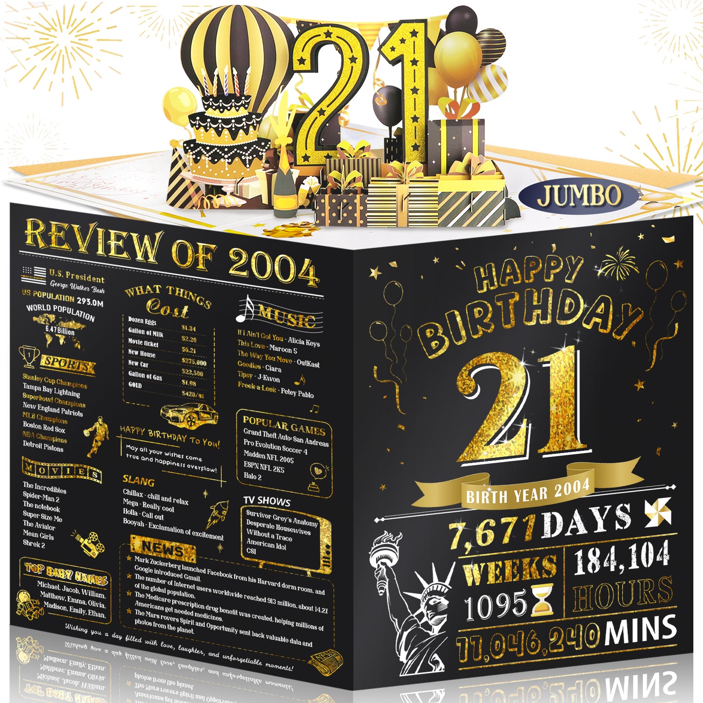 Aiunmiol 21st Birthday Card for Son Grandson, Jumbo 3D Pop Up 21st Birthday Cards for Boy Girl, Happy 21 Year Old Her Him Daughter Funny Bday Gifts, Review of 2004, Black Gold