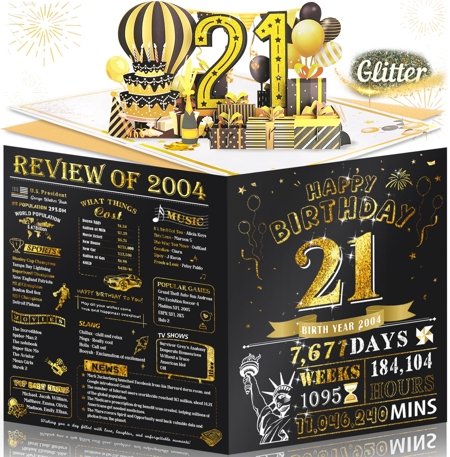 Aiunmiol 21st Birthday Card for Son Grandson, Jumbo 3D Pop Up 21st Birthday Cards for Boy Girl, Happy 21 Year Old Her Him Daughter Funny Bday Gifts, Review of 2004, Black Gold