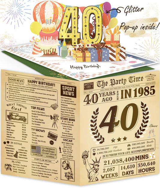 Aiunmiol 3D Pop Up 40th Birthday Card for Women Men, Funny 40th Birthday Decorations for Her Him, Happy 40th Bday Gifts for Dad Mom, Vintage 40 Year Old 1985 Birthday Gifts Card