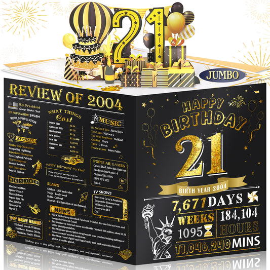 Aiunmiol 21st Birthday Card for Son Grandson, Jumbo 3D Pop Up 21st Birthday Cards for Boy Girl, Happy 21 Year Old Her Him Daughter Funny Bday Gifts, Review of 2004, Black Gold