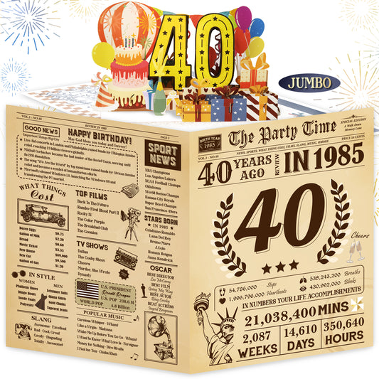 Aiunmiol 3D Pop Up 40th Birthday Card for Women Men, Funny 40th Birthday Decorations for Her Him, Happy 40th Bday Gifts for Dad Mom, Vintage 40 Year Old 1985 Birthday Gifts Card