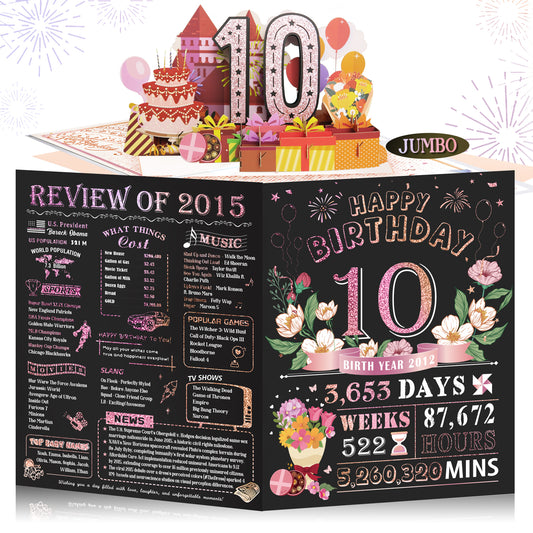 Aiunmiol 10th Birthday Card for Girl Daughter, Pop Up 10th Birthday Gifts Cards for Granddaughter Niece, Happy 10 Year Old Birthday Decorations for Daughter Girls, Review of 2015, Pink